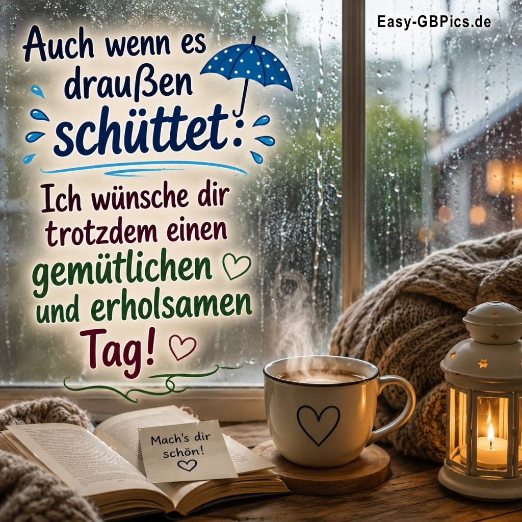 Auch wenn es draußen schüttet! Ich wünsche dir trotzdem einen gemütlichen und erholsamen Tag! Mach's dir schön!