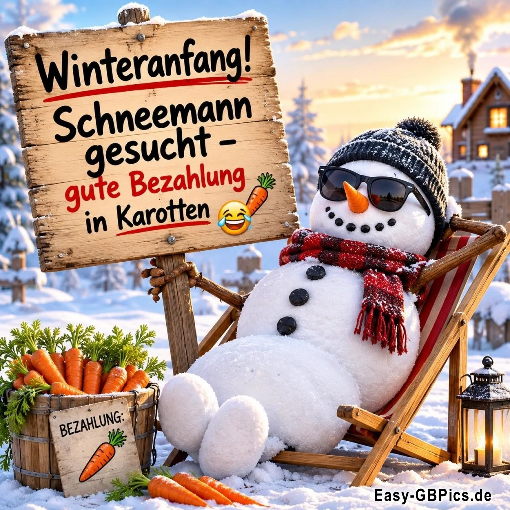 Winteranfang mal lustig: Winterwünsche von einem fröhlichen Schneemann.