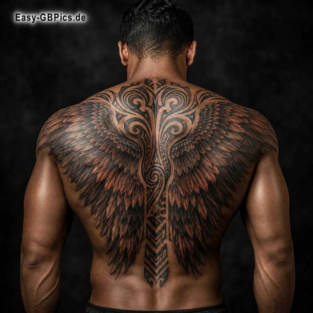 Engelhafte Tattoo Kunstwerke auf der Haut, bereit abzuheben.