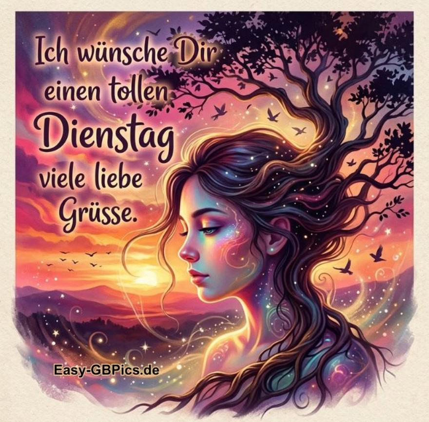 Ein surreales digitales Kunstwerk mit dem Gesicht eines Mädchens und der Silhouette eines Baumes vor einem Sonnenuntergangshintergrund mit dem Text „Ich wünsche Dir einen tollen Dienstag viele liebe Grüsse“. Die Atmosphäre ist verträumt und künstlerisch.