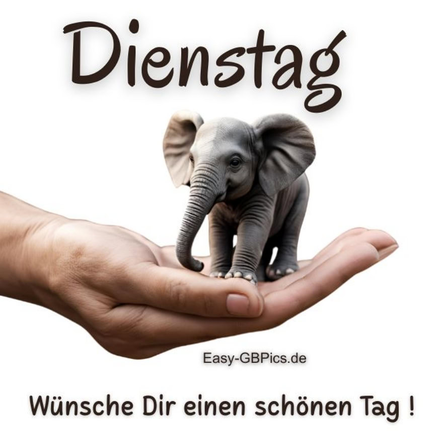 Ein farbenfrohes Bild mit einem kleinen, grauen Elefanten, der ganz entspannt auf einer menschlichen Hand sitzt. Der Elefant hat große Ohren und einen kleinen Rüssel. Der  Text auf dem Bild lautet: „Dienstag“ und „Wünsche Dir einen schönen Tag!“