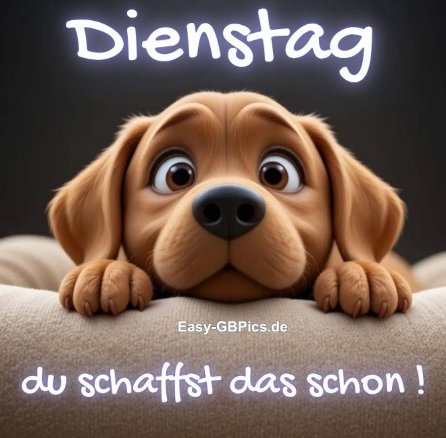Ein digital gerenderter Cartoon-Welpe mit großen, braunen Augen und einem traurigen Blick, der auf einem beigen Kissen sitzt. Die Worte „Dienstag“ und „du schaffst das schon!“ sind in Weiß darübergelegt