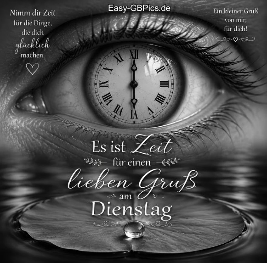 Eine Nahaufnahme eines menschlichen Auges in Schwarz-Weiß, das direkt auf ein Zifferblatt in der Bildmitte blickt. Darunter treiben ein Seerosenblatt und ein Wassertropfen im Wasser. Deutscher Text und der Spruch „Es ist Zeit für einen lieben Gruß am Dienstag“ sind darüber eingeblendet.