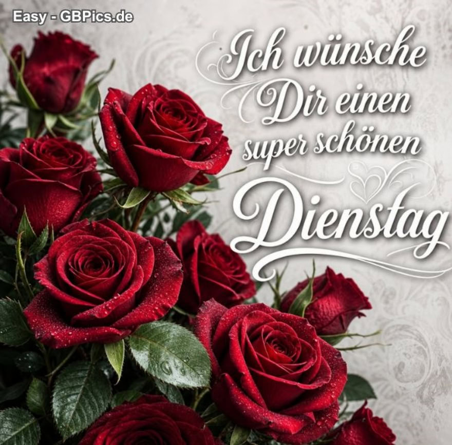Ein fantastisches Digitalfoto mit tiefroten Rosen und grünen Blättern im Vordergrund, das eine beeindruckende Textur und Tiefe zeigt. Der Hintergrund wirkt weich und verwaschen weiß. In fetter, eleganter weißer Schrift steht: „Ich wünsche Dir einen super schönen Dienstag.“.