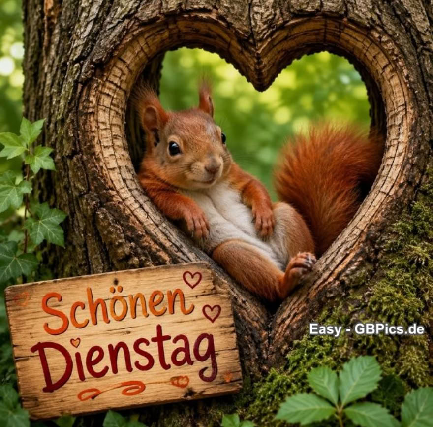 Ein Eichhörnchen entspannt in einem herzförmigen Loch in einem Baum, umgeben von rauer Rinde und üppigem Grün im Hintergrund. Das Eichhörnchen hat einen flauschigen, rötlich-braunen Schwanz und einen hellgrauen Bauch. Die Worte „Schönen Dienstag“ stehen in einer verspielten Schrift auf einer Holztafel.