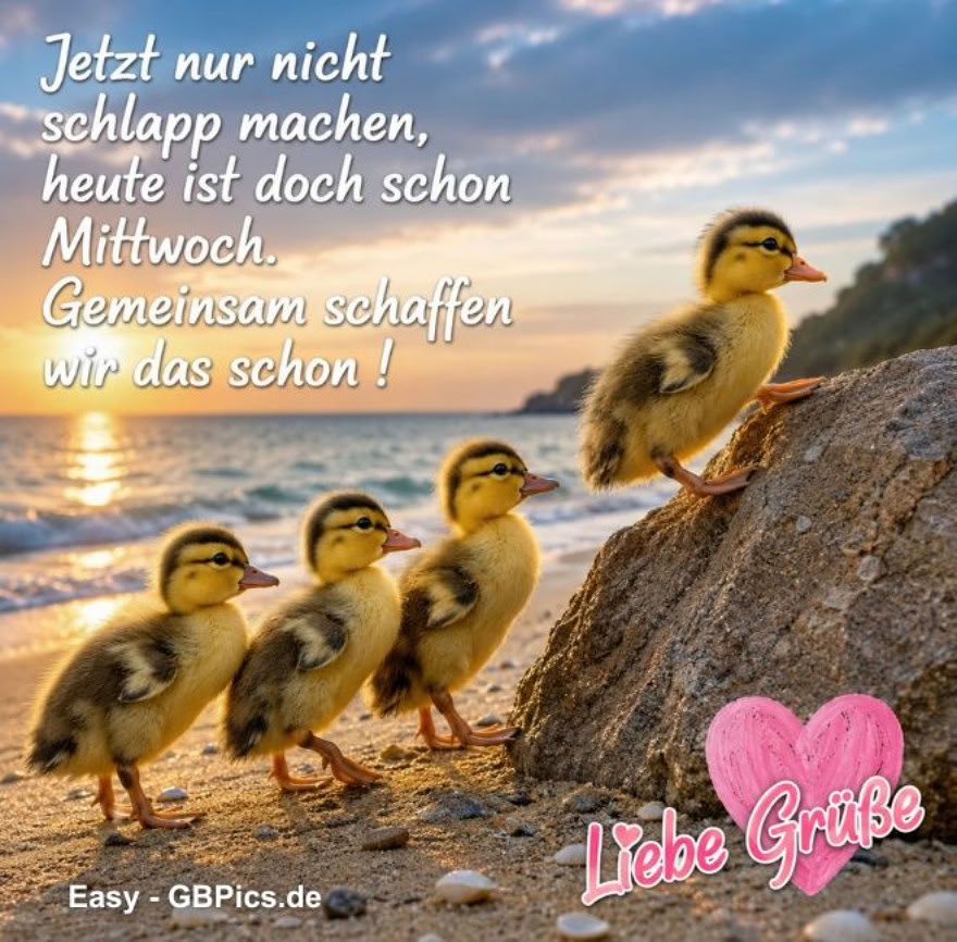 Vier flauschige, gelbe Entenküken mit schwarz-gelben Streifen stehen auf einem Sandstrand, wobei ein kleines Entenküken  auf einen Felsen klettert. In der oberen linken Ecke     befinden sich deutscher Text in weiß „Jetzt nur nicht schlapp machen, heute ist doch schon Mittwoch. Gemeinsam schaffen wir das schon !“, während unten rechts ein rosa Herz     und die Worte „Liebe Grüße“ zu sehen sind.