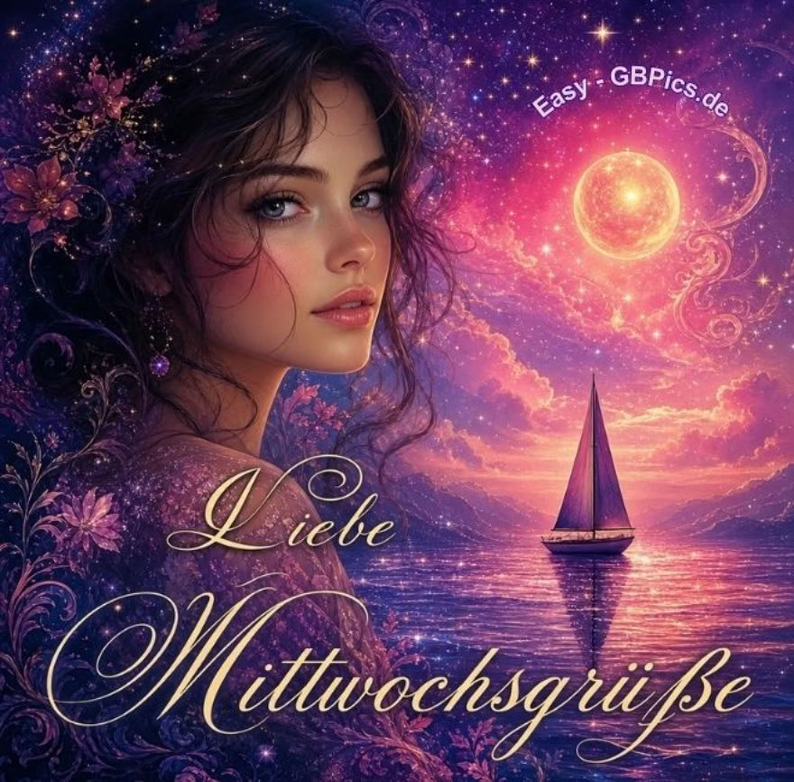 Ein Digitalbild, das das Gesicht einer jungen Frau mit welligem Haar zeigt – eingebettet in einen psychedelisch-verträumten Hintergrund mit einem Segelboot auf schimmerndem     Wasser. Der Himmel bildet eine wilde Mischung aus Rosa und Lila, gespickt mit zahlreichen Sternen und einer leuchtenden Kugel. Ein Text lautet: „Liebe Mittwochsgrüße“