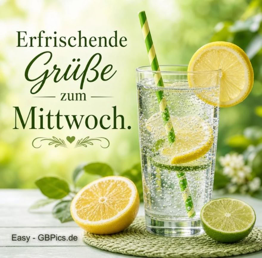 Ein hohes Glas sprudelndes Wasser, an dessen Rand eine Zitronenscheibe kühlt, steht auf einer hellgrünen, geflochtenen Unterlage. Ein grün-gelber Strohhalm ragt heraus, und in unmittelbarer Nähe liegen eine gelbe sowie eine grüne Zitronenscheibe. Der Hintergrund wirkt verschwommen und in Grüntöne getaucht. Der Text auf dem Bild lautet: „Erfrischende Grüße zum Mittwoch.“