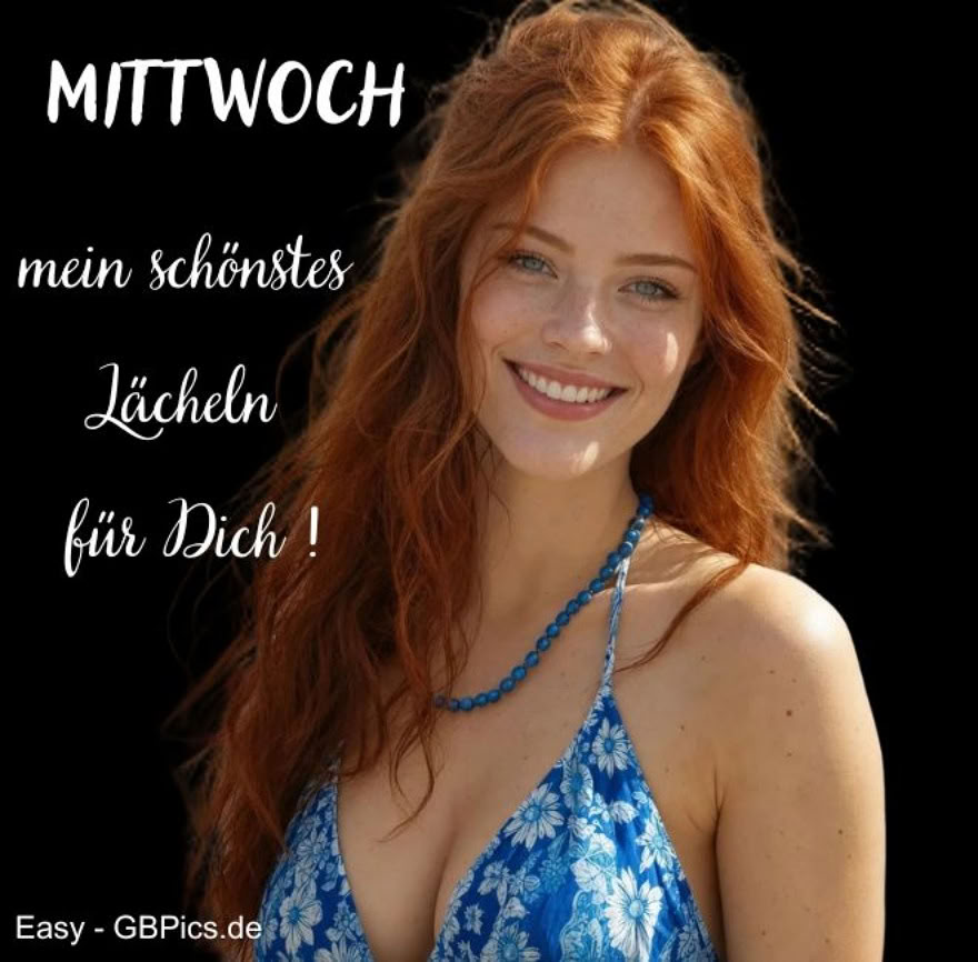 Eine junge Frau mit langem, welligem, feuerrotem Haar, die ein blaues Neckholder-Top mit Blumenmuster sowie eine dazu passende blaue Perlenkette trägt. Sie     hat helle Haut und ein strahlendes, gewinnendes Lächeln. Den Hintergrund bildet eine verschwommene Menschenmenge auf einem Festival oder Jahrmarkt, wobei Sonnenhüte und bunte Outfits zur lebhaften Atmosphäre beitragen. In der oberen linken Ecke steht in weißer Schrift: „Mittwoch, mein schönstes Lächeln für Dich!“ zu sehen sind.