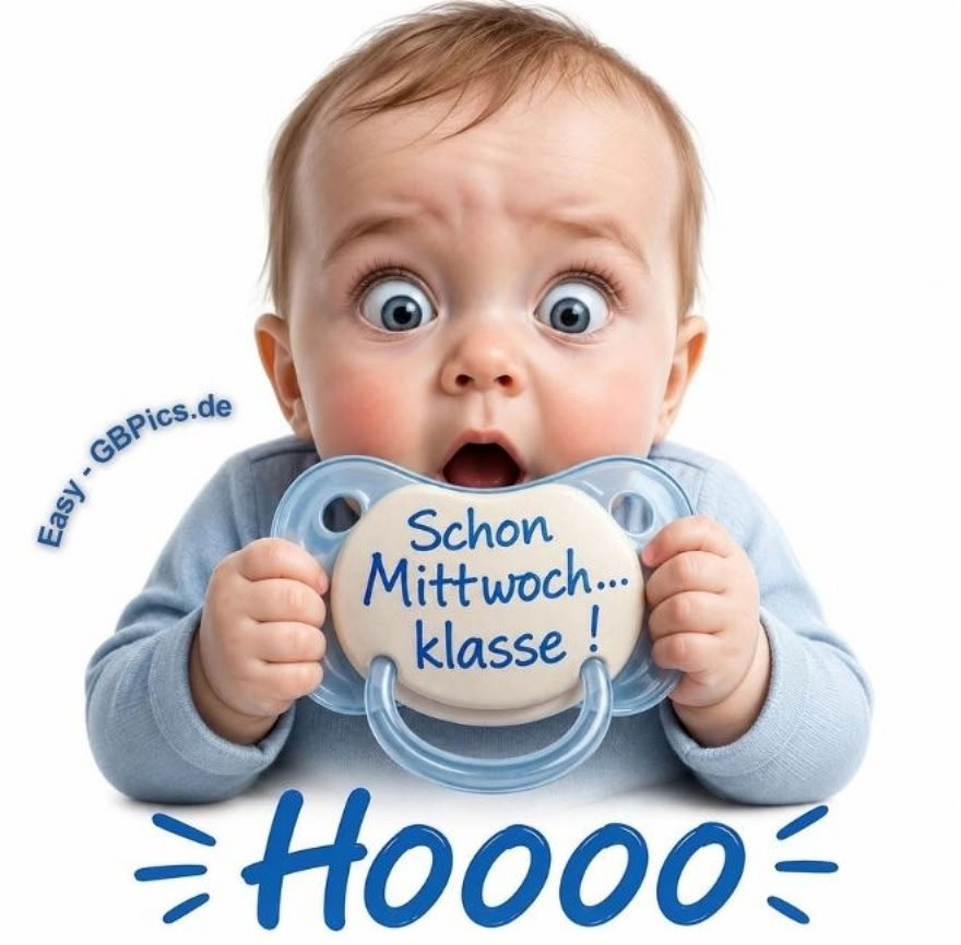 Ein äußerst detailreiches CGI-Bild eines Babys mit großen, weit aufgerissenen Augen und einem geschockten Ausdruck, das einen Schnuller umklammert. In blauer Schreibschrift steht darauf: „Schon Mittwoch... klasse !“ Die Haut des Babys ist glatt und hell. Der Hintergrund ist schlicht weiß, und am unteren Bildrand steht in blauer Schrift „Hoooo“, versehen.