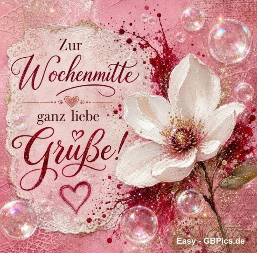 Eine rosa, sprudelnde Karte mit einer weißen Blume, die mit roten und weinroten Farbspritzern versehen ist und von durchsichtigen Blasen umgeben wird; dazu eine      Botschaft: „Zur Wochenmitte ganz liebe Grüße!“ Die Karte besticht durch eine strukturierte, künstlerische Anmutung und verfügt über ein Wasserzeichen sowie einen Link zur     Website des Designers.