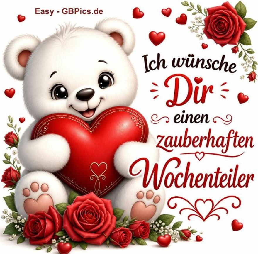 Eine digitale Zeichnung eines niedlichen, weißen Teddybären, der ein Herz umklammert. Der Bär hat große, glänzende Augen und ein freches Grinsen. Der Hintergrund ist schlicht weiß mit roten Rosen und Herzen. Der Text lautet: „Ich wünsche Dir einen zauberhaften Wochenteiler“ Die Stimmung ist festlich und herzlich