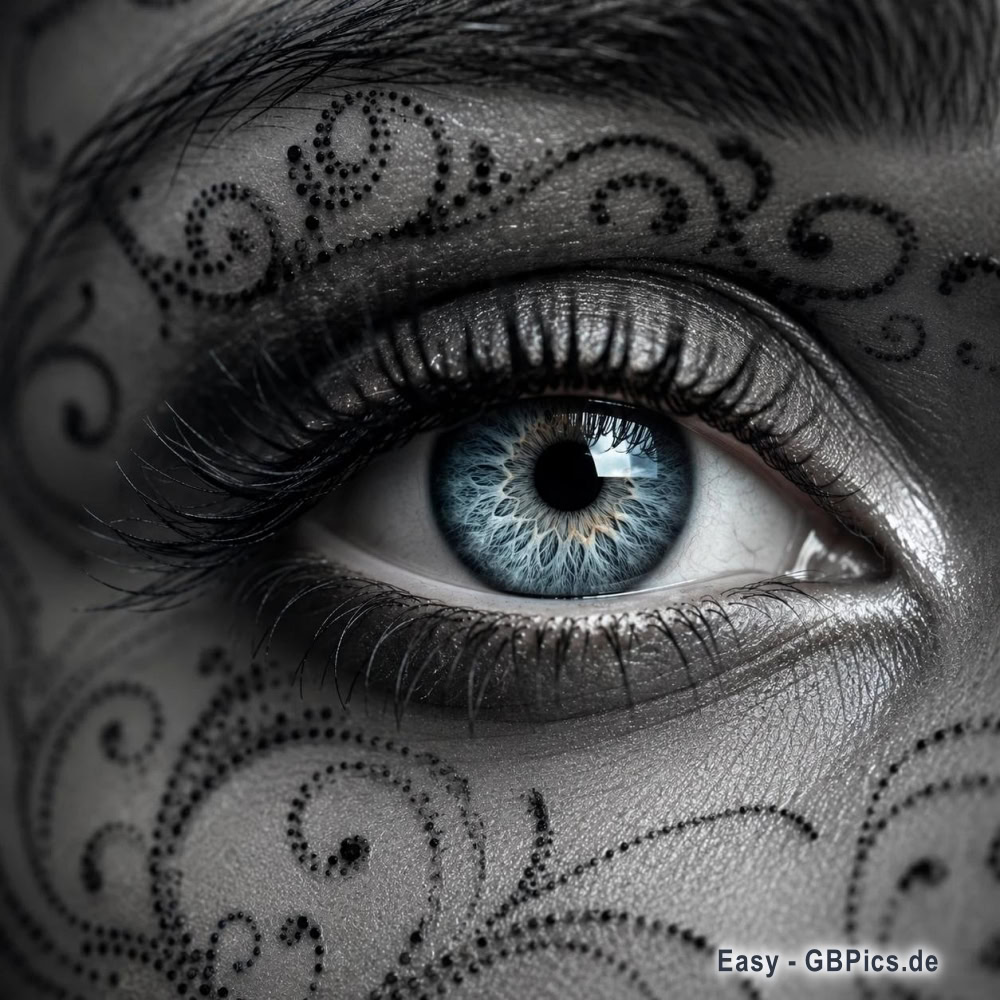 Tiefblaue Geheimnisse:  Der Blick, der Welten erzählen kann.  Augen wie Sterne, verziert mit Kunst.  Ein Blick, der mehr sagt als tausend Worte.  In den Augen spiegelt sich die Seele.